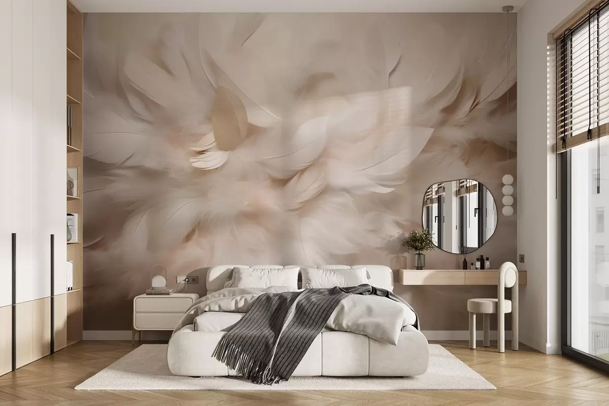 murales de pared Plumas esponjosas y plumón en tonos crema w09274