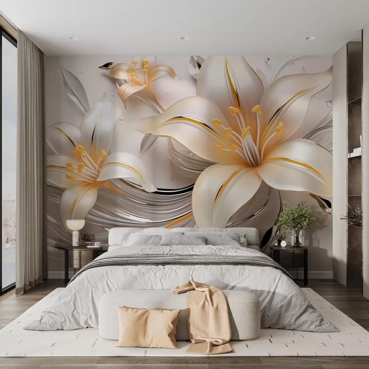 murales de pared Lirios amarillos con efecto 3D sobre fondo claro w09278
