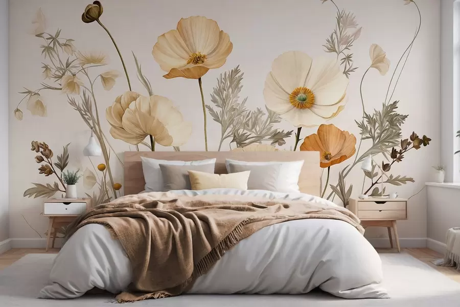 murales de pared Amapolas naranjas y blancas de textura vintage con tallos y hojas finas, fondo beige claro, estilo acuarela w09293