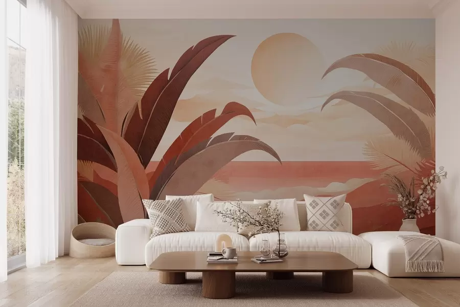 murales de pared Paisaje abstracto de textura tropical con hojas de palmera y un gran sol en el cielo, paleta de colores cálidos, estilo minimalista, estilizado w09296