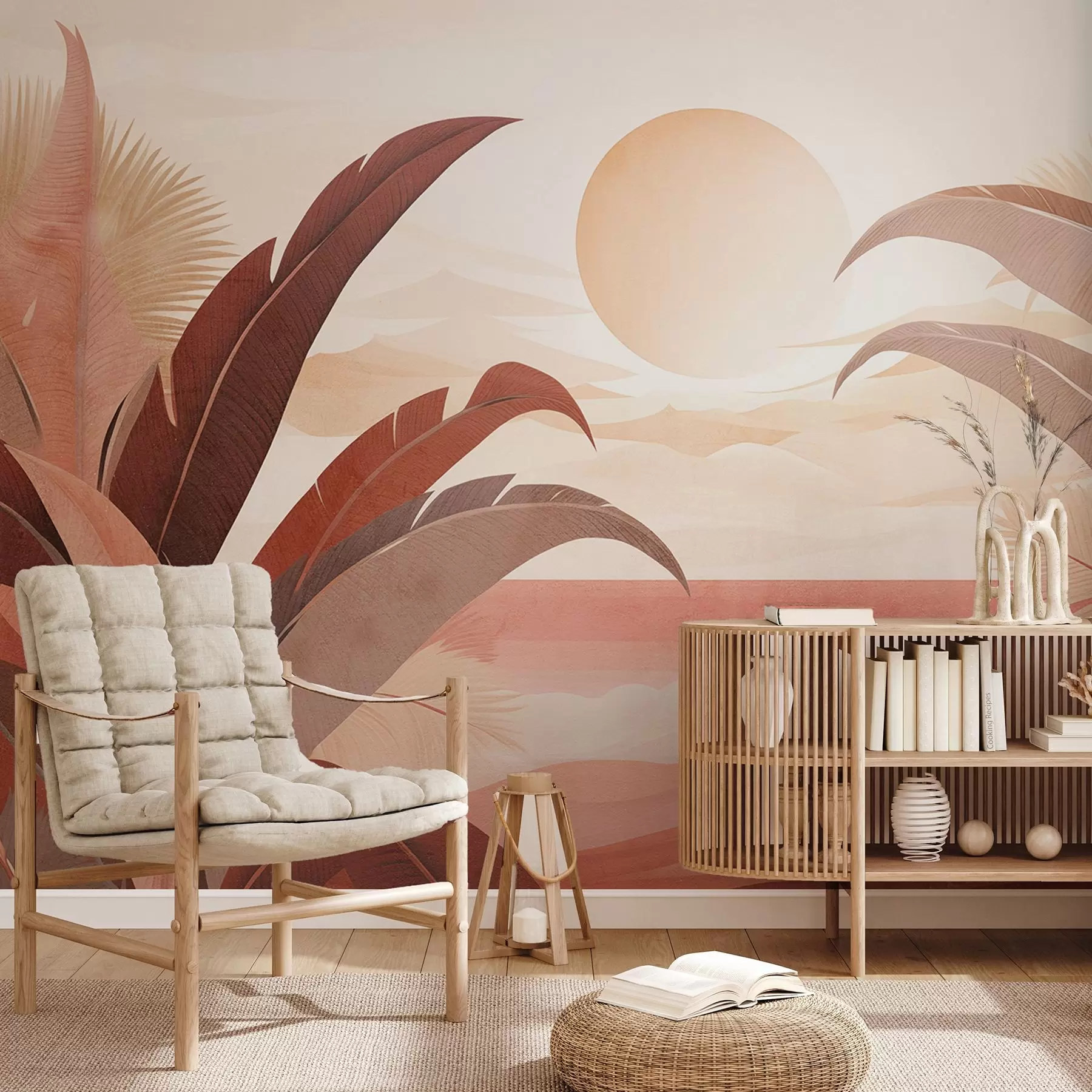 murales de pared Paisaje abstracto de textura tropical con hojas de palmera y un gran sol en el cielo, paleta de colores cálidos, estilo minimalista, estilizado w09296