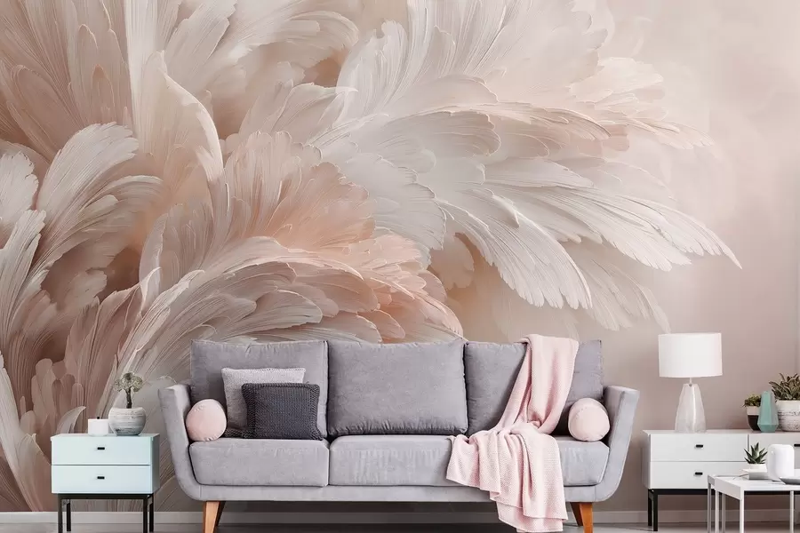 murales de pared Aireadas plumas y pétalos en tonos rosa crema w09301