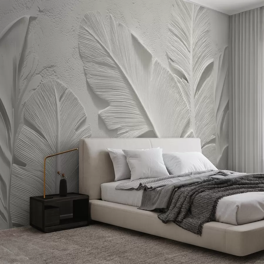 murales de pared Hojas grises texturizadas sobre un fondo con relieve de yeso falso w09307