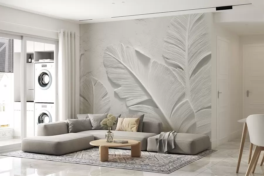 murales de pared Hojas grises texturizadas sobre un fondo con relieve de yeso falso w09307