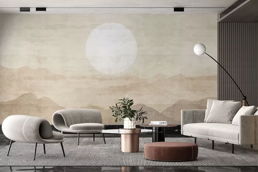 murales de pared Paisaje minimalista de montaña con un gran sol blanco w04345