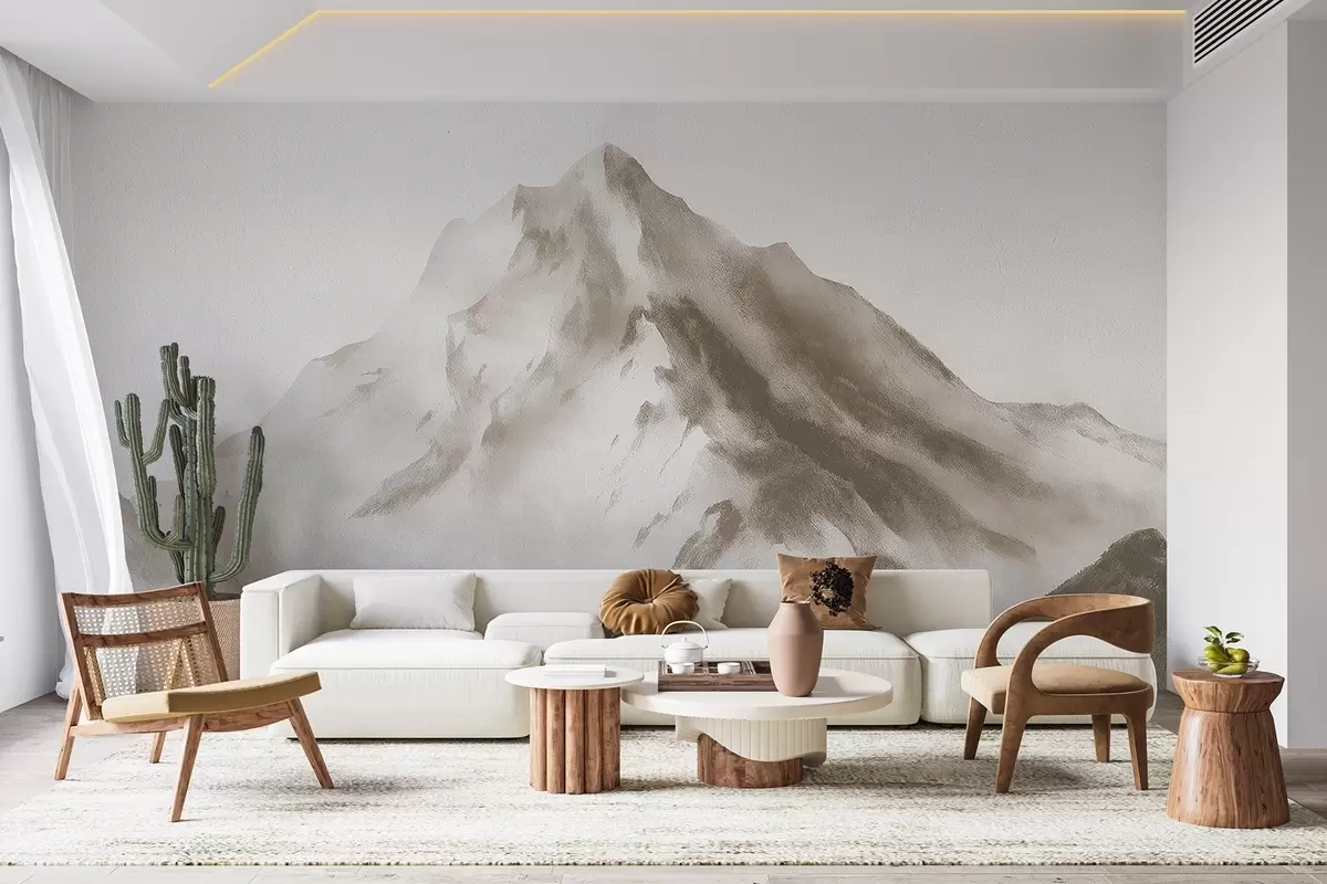 murales de pared Montañas minimalistas en la niebla con textura fina w04374v1
