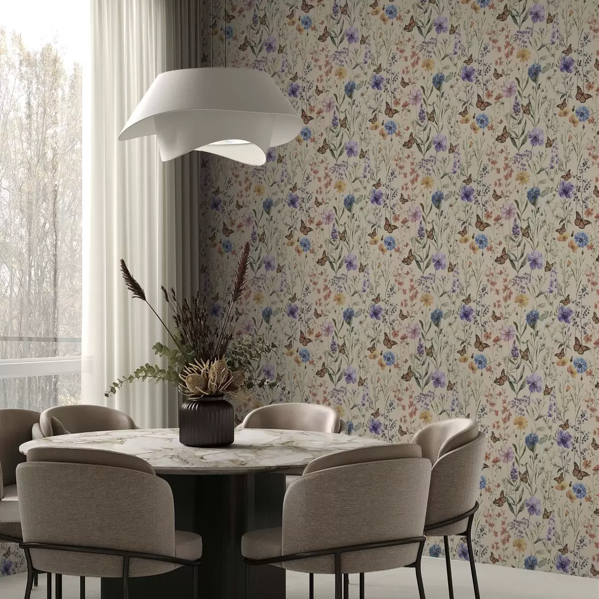 Papel pintado Flores silvestres y mariposas en suave acuarela a00389
