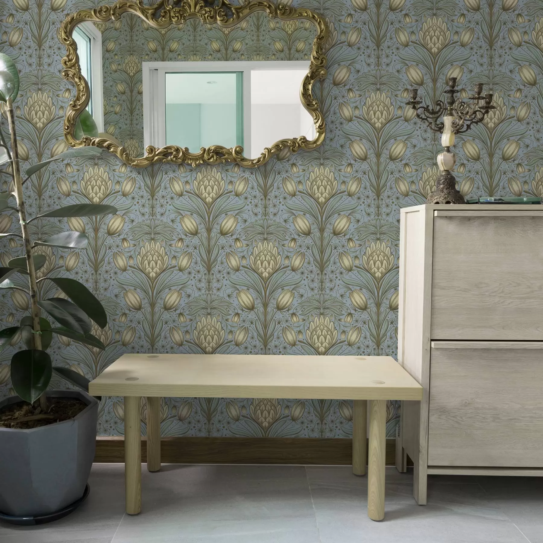 murales de pared Estampado azul con alcachofas y tulipanes a00435