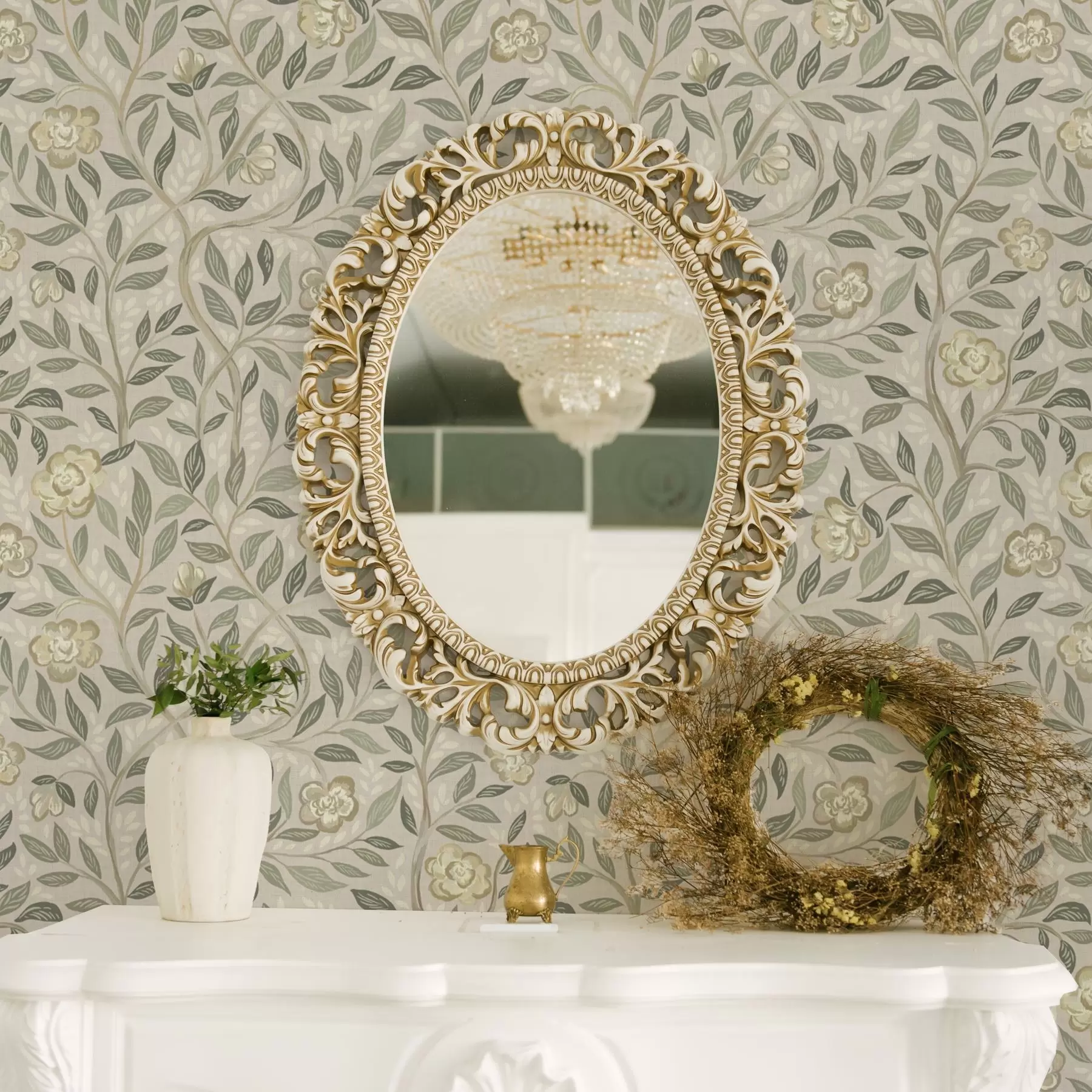 murales de pared Rosas crema y hojas de olivo sobre fondo rosa empolvado a00455