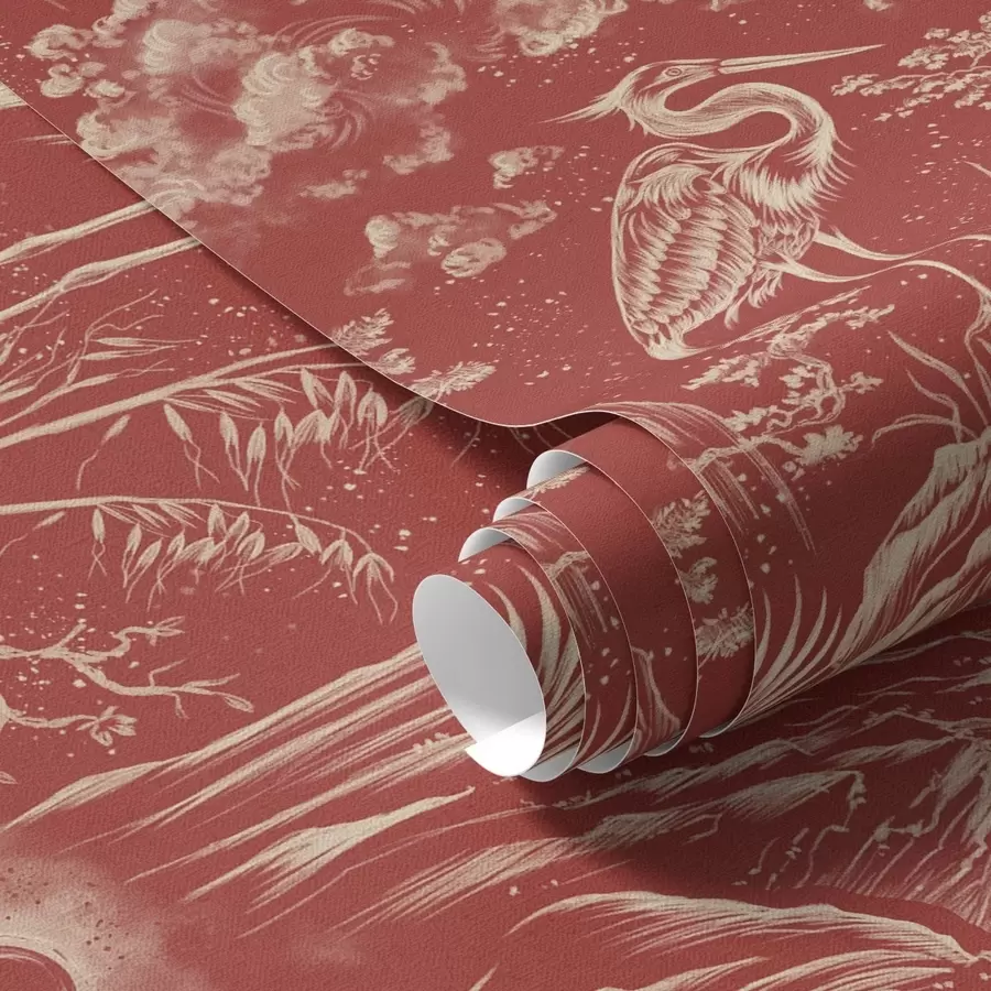 murales de pared Garzas, montañas y nubes al estilo del grabado japonés a00458