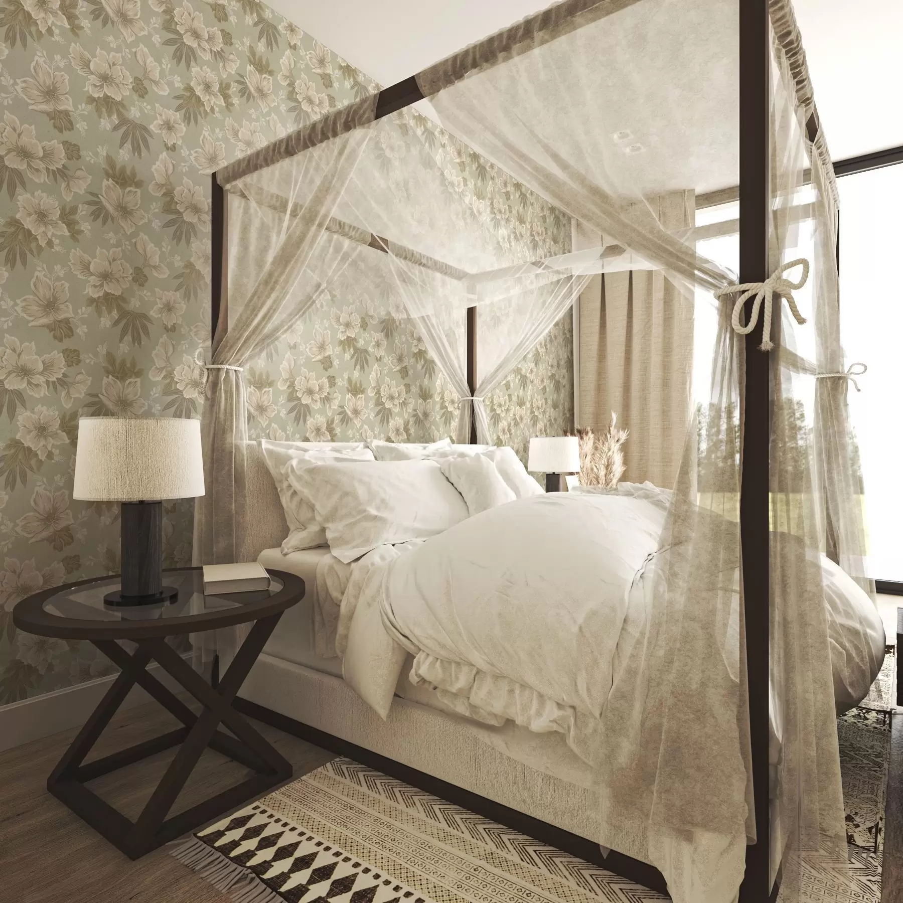 murales de pared Flores color crema sobre fondo verde oliva a00462