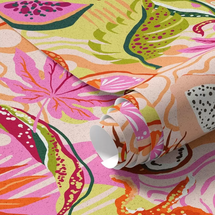 murales de pared Frutas exóticas, hojas y camaleones de estilo tropical a00469