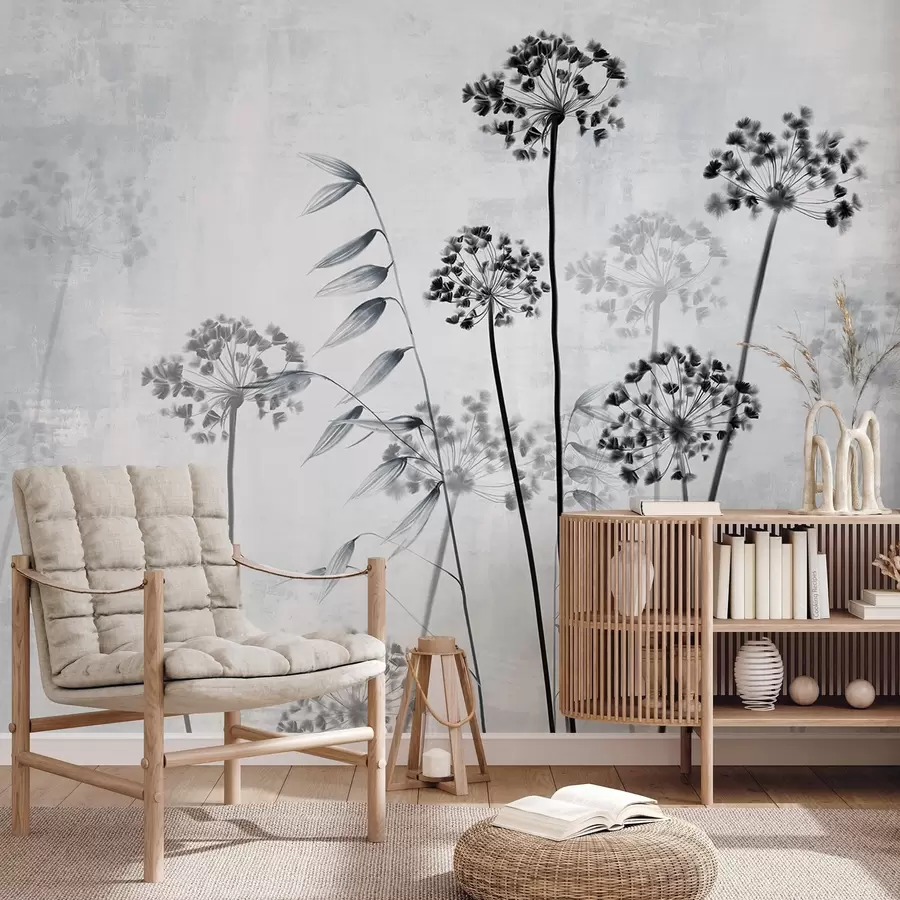 murales de pared Dibujo de flores secas con tallos largos, paleta monocroma, sobre fondo gris claro texturado, ilustración botánica w09314