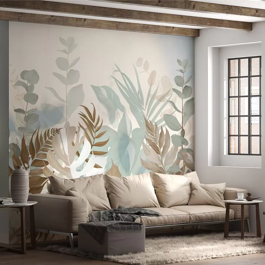 murales de pared Plantas pastel helechos, monstera y eucalipto, fondo de textura ligera, iluminación suave, tranquilo , ilustración botánica w09316v1
