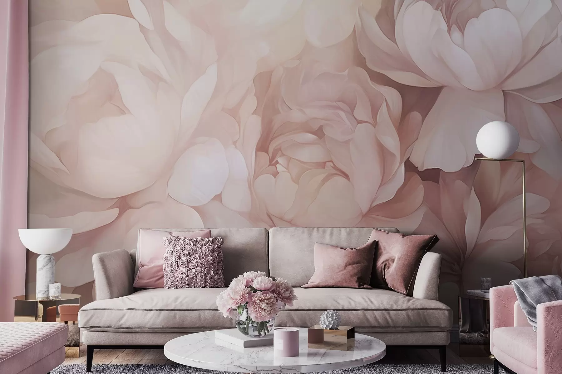 murales de pared Peonías de color rosa pastel claro con delicados pétalos suaves y texturizados, dispuestos muy juntos, creando un denso arte floral, iluminación suave w09319