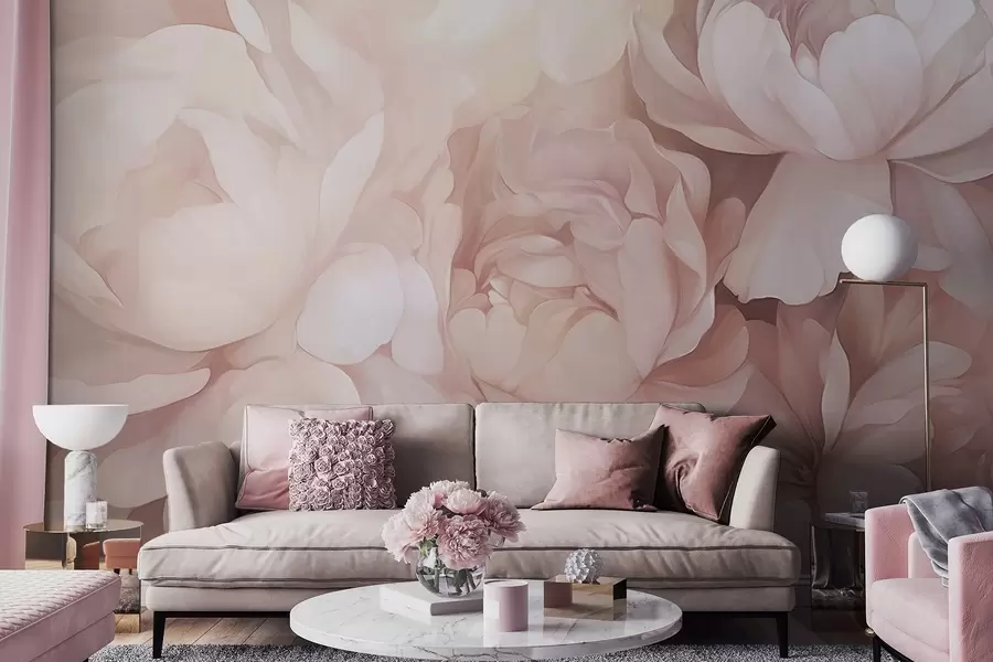 murales de pared Peonías de color rosa pastel claro con delicados pétalos suaves y texturizados, dispuestos muy juntos, creando un denso arte floral, iluminación suave w09319