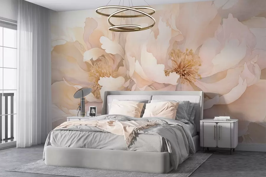 murales de pared Flores con textura de peonía y delicados pétalos en tonos melocotón crema y rosa claro con una suave textura de acuarela w09321