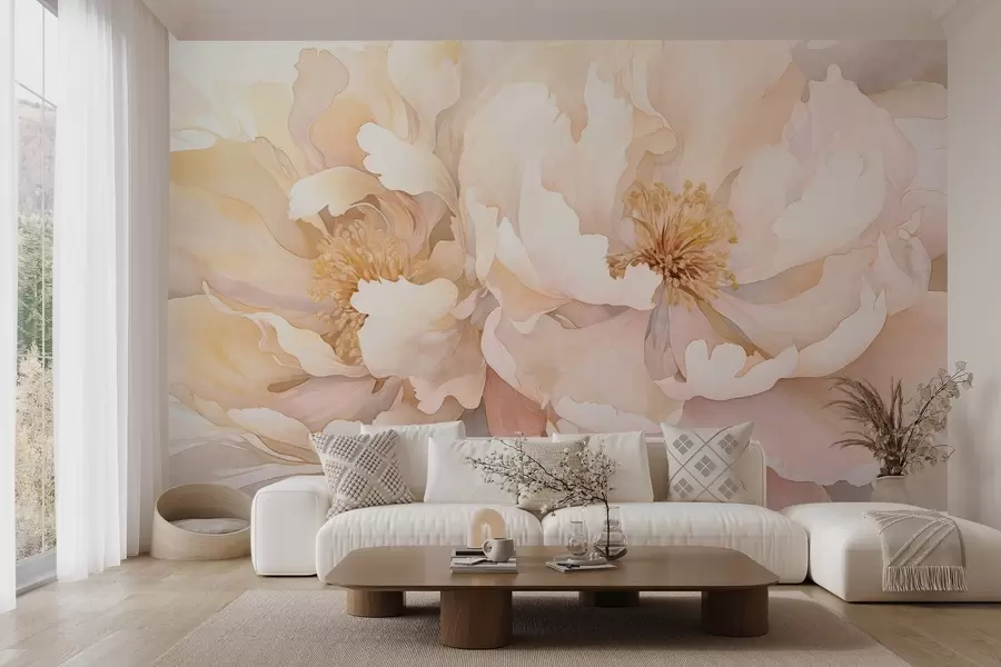 murales de pared Flores con textura de peonía y delicados pétalos en tonos melocotón crema y rosa claro con una suave textura de acuarela w09321