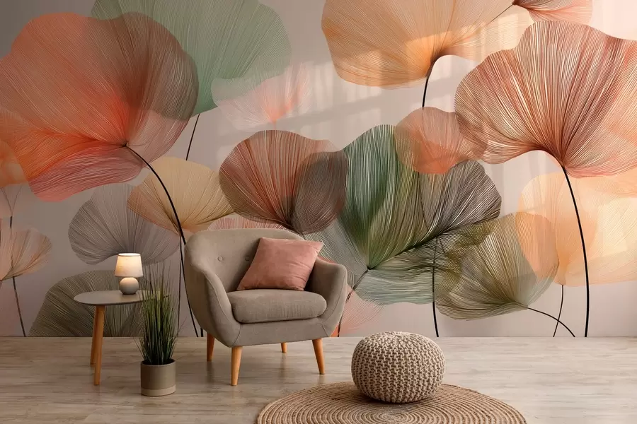 murales de pared hojas de ginkgo multicolores con venas w04305