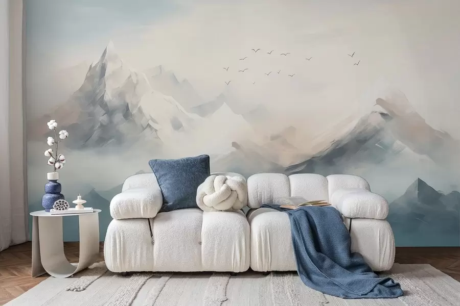 murales de pared Montañas nevadas con niebla matinal y pájaros volando w09326