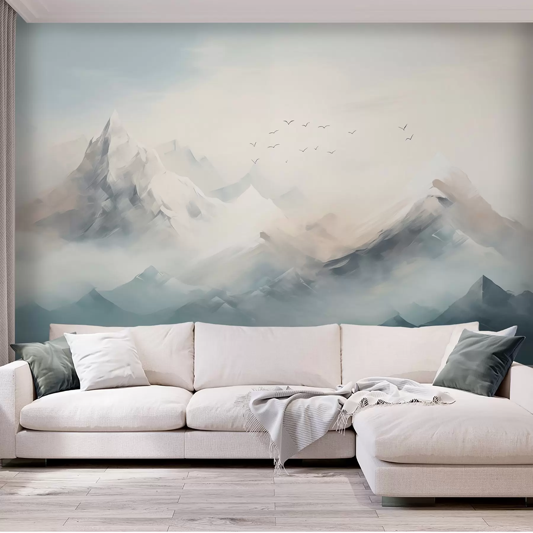 murales de pared Montañas nevadas con niebla matinal y pájaros volando w09326