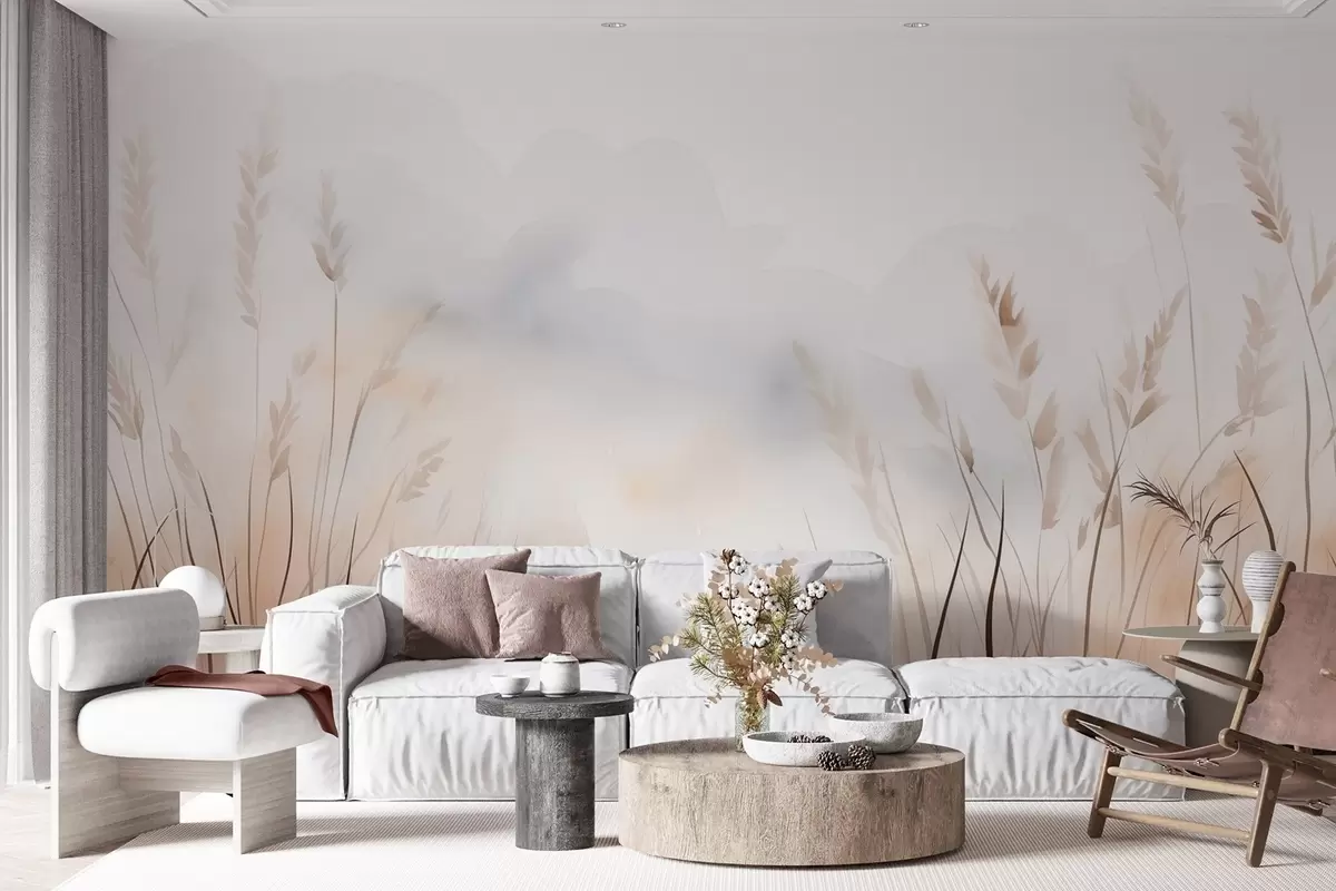 murales de pared Espigas en niebla en suaves tonos beige y marrón w09327