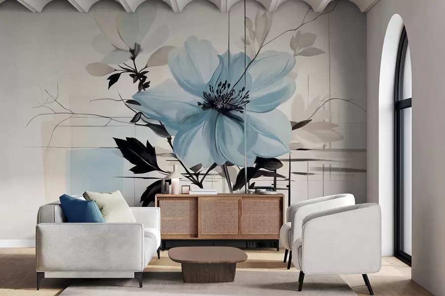 murales de pared Flor abstracta azul texturizada con hojas y ramas oscuras, formas geométricas minimalistas y líneas en colores apagados w09332