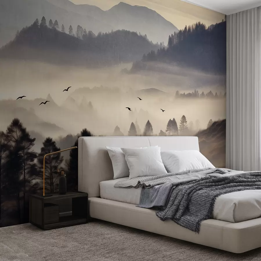murales de pared Paisaje montañoso texturizado con capas de niebla, árboles silueteados en primer plano, cordillera distante, iluminación suave w09338