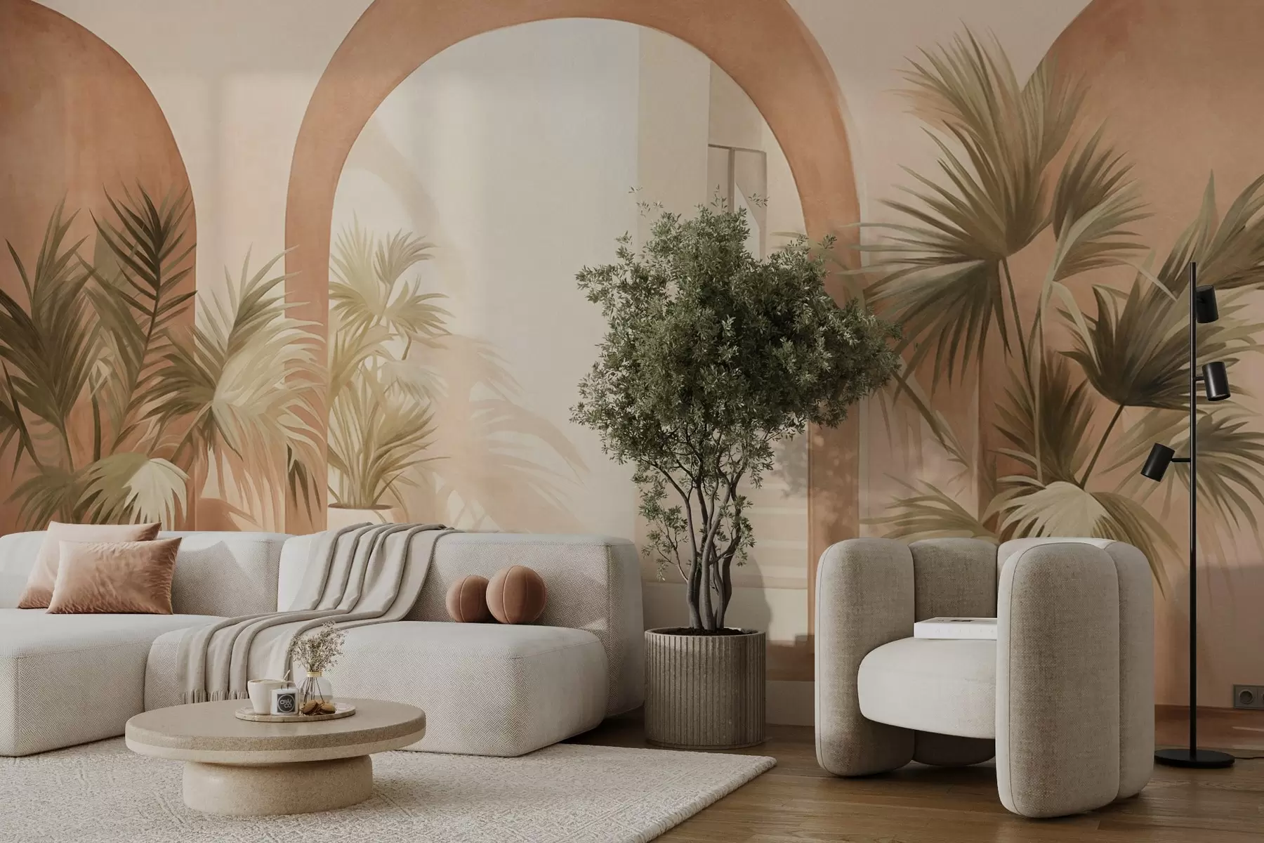 murales de pared Arcos texturizados con plantas en macetas, paleta de colores beige claro, diseño minimalista, escalera al fondo w09339