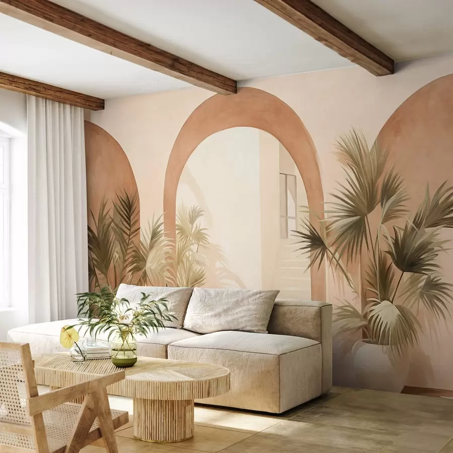 murales de pared Arcos texturizados con plantas en macetas, paleta de colores beige claro, diseño minimalista, escalera al fondo w09339