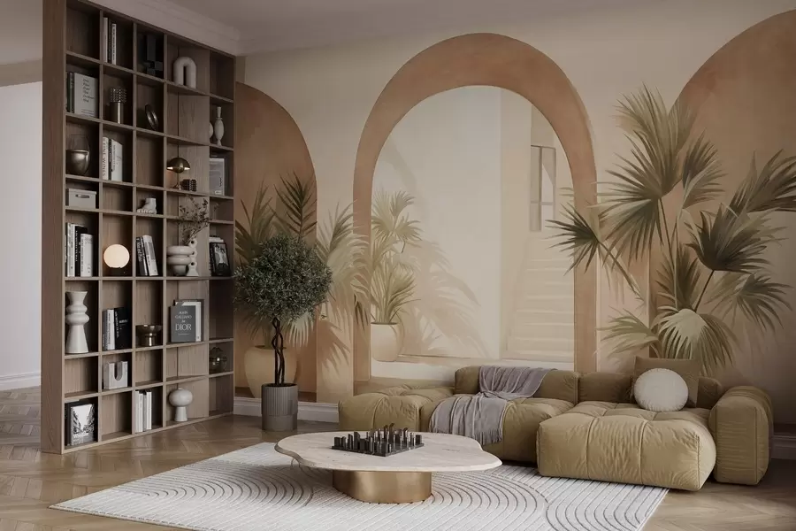 murales de pared Arcos texturizados con plantas en macetas, paleta de colores beige claro, diseño minimalista, escalera al fondo w09339