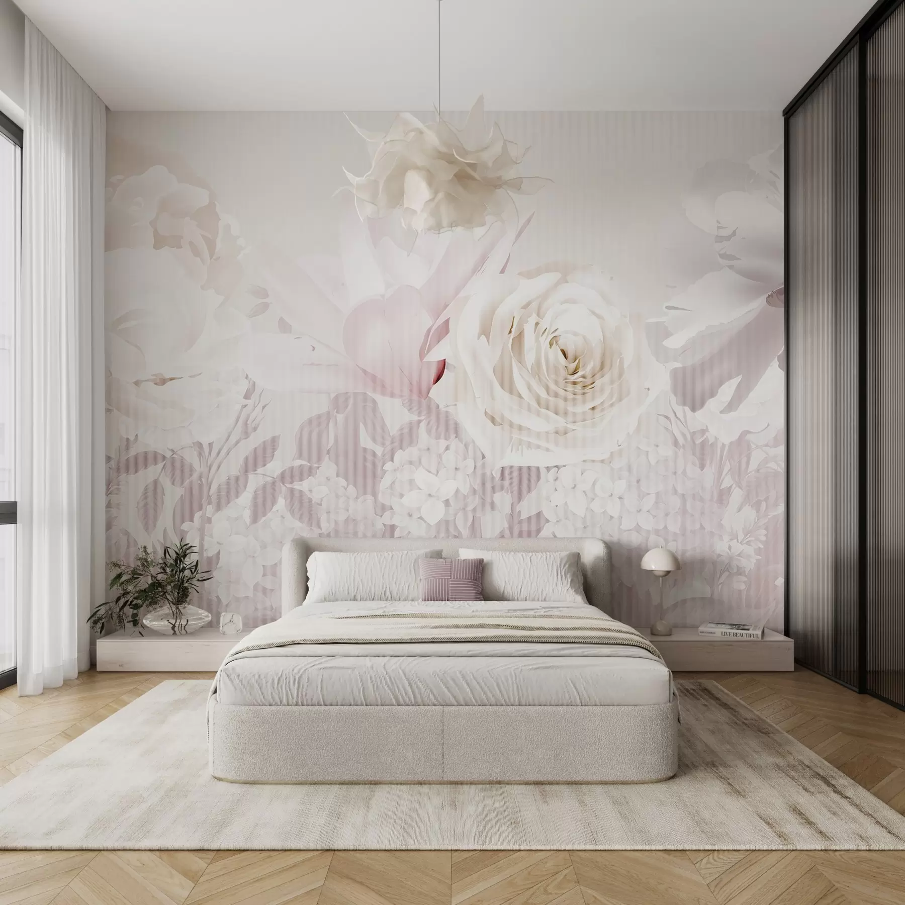 murales de pared Arreglo floral con rosas, hortensias y tulipanes en suaves tonos pastel de blanco, rosa y beige, con textura rayada w09340