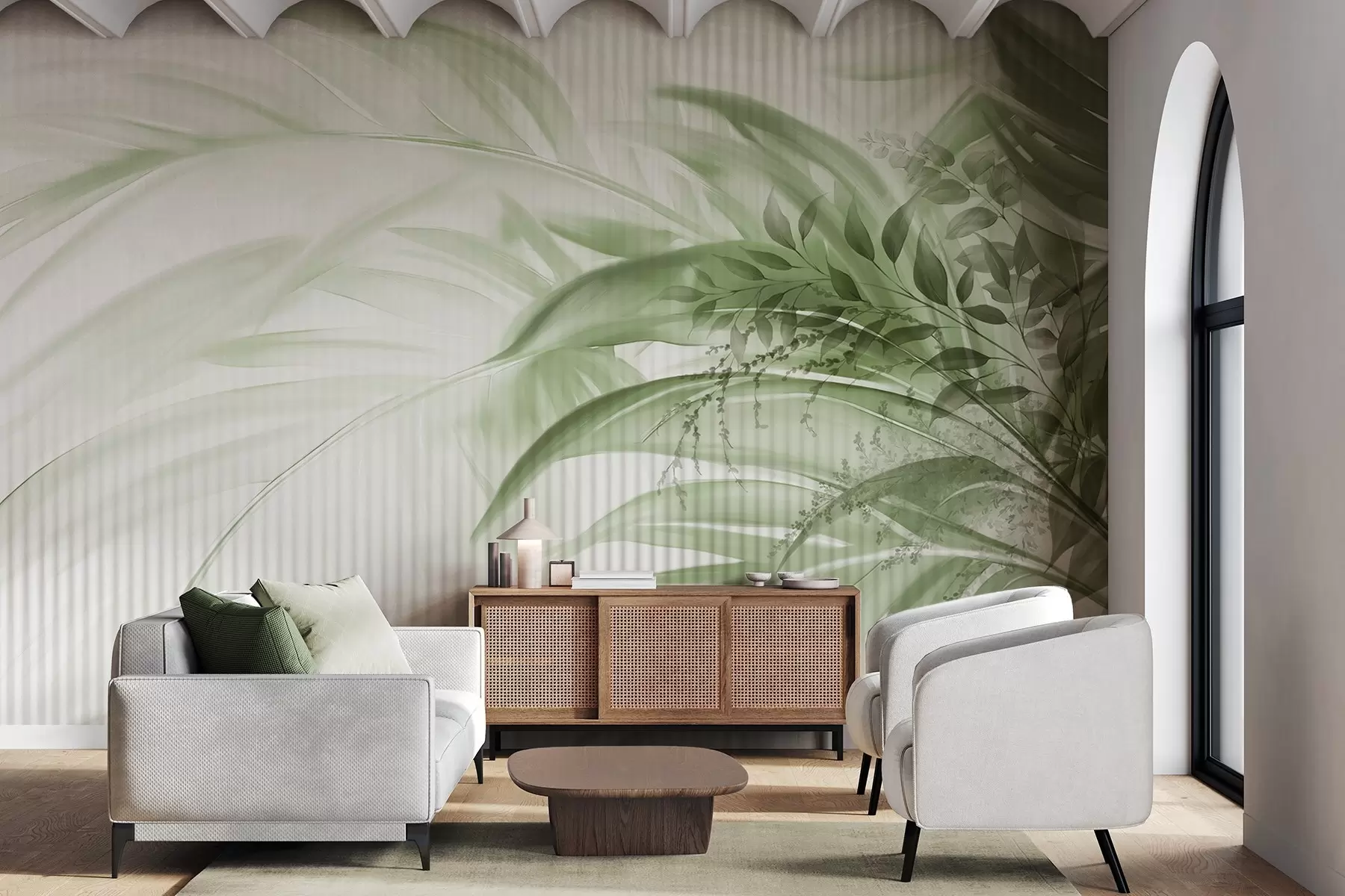 murales de pared Palmera tropical de hojas verdes con fondo blanco a rayas, iluminación suave, pinceladas delicadas, formas orgánicas w09343
