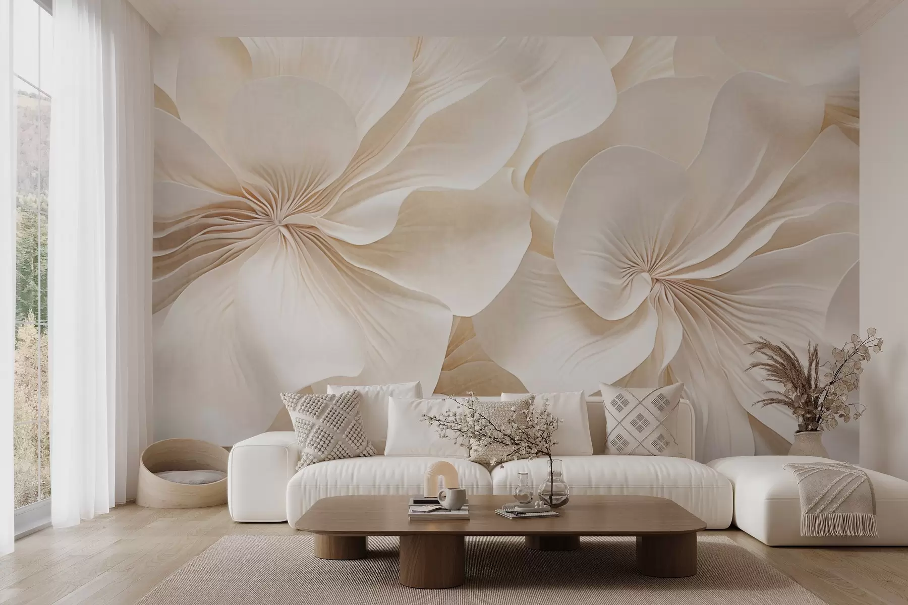 murales de pared Primer plano de flores de textura cremosa con pétalos delicados y fluidos, creando un arreglo floral suave, elegante y con textura w09346