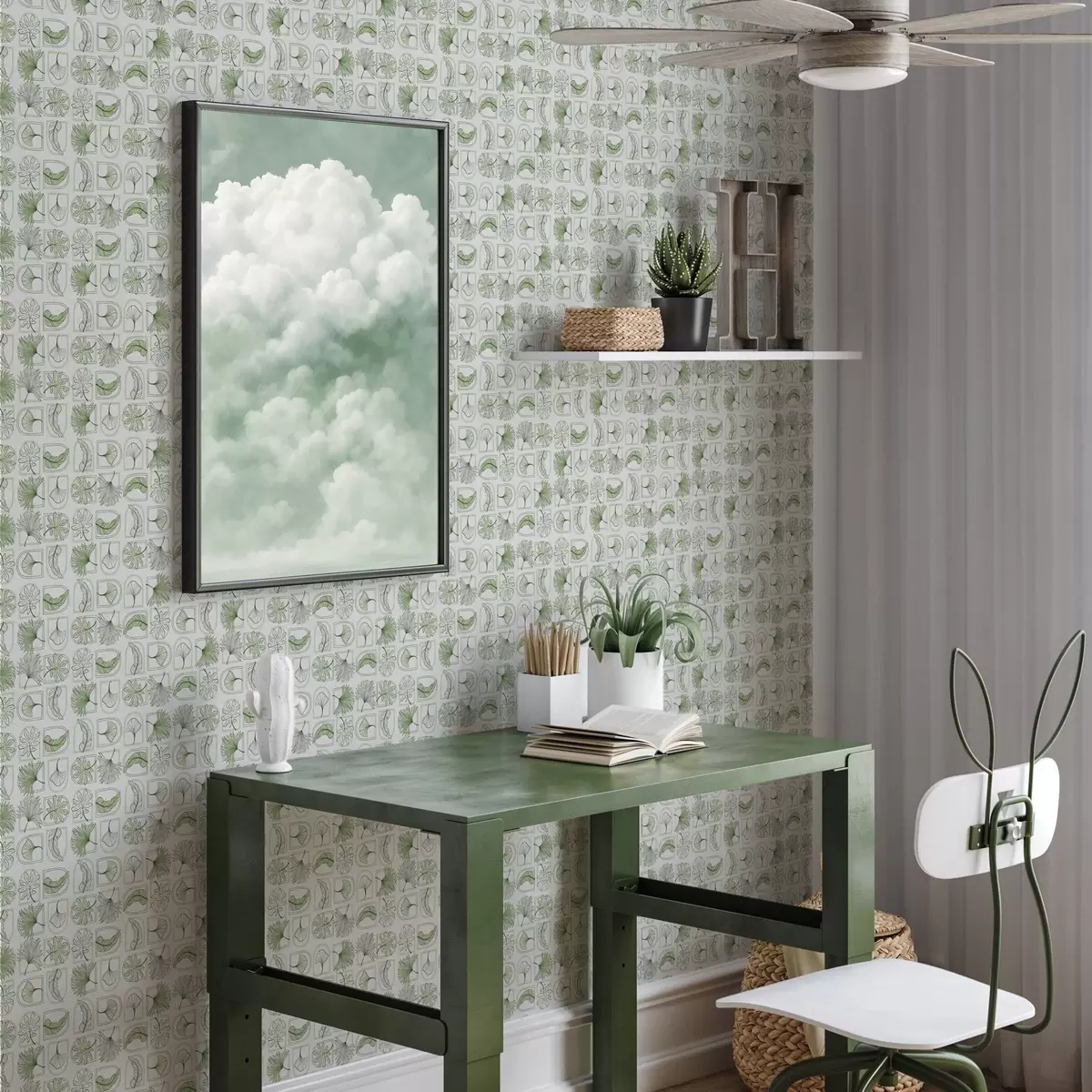 Papel pintado Patrón gráfico con hojas verdes en cuadrados a00287