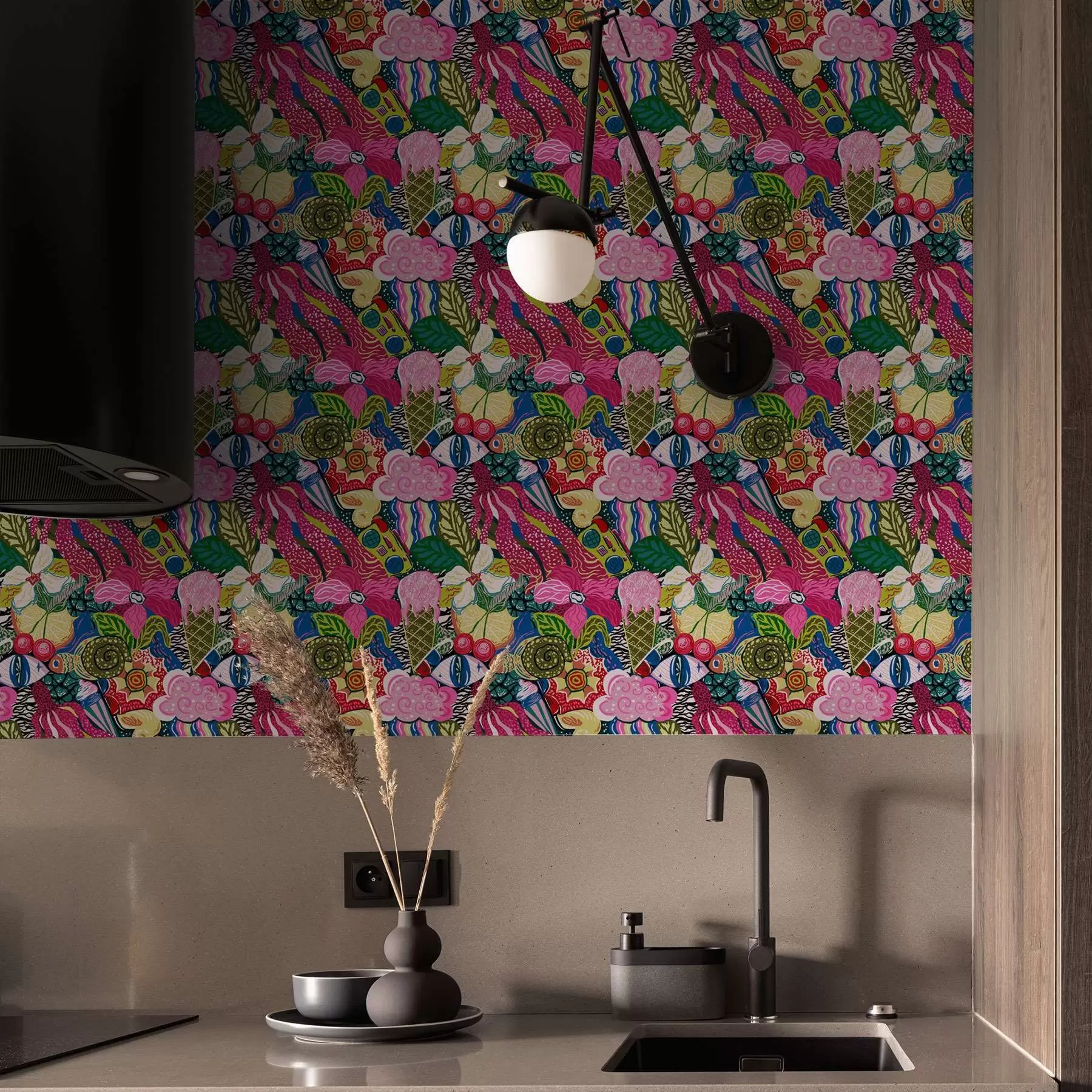 murales de pared Pop-art abstracto con flores, bayas y motivos a00471