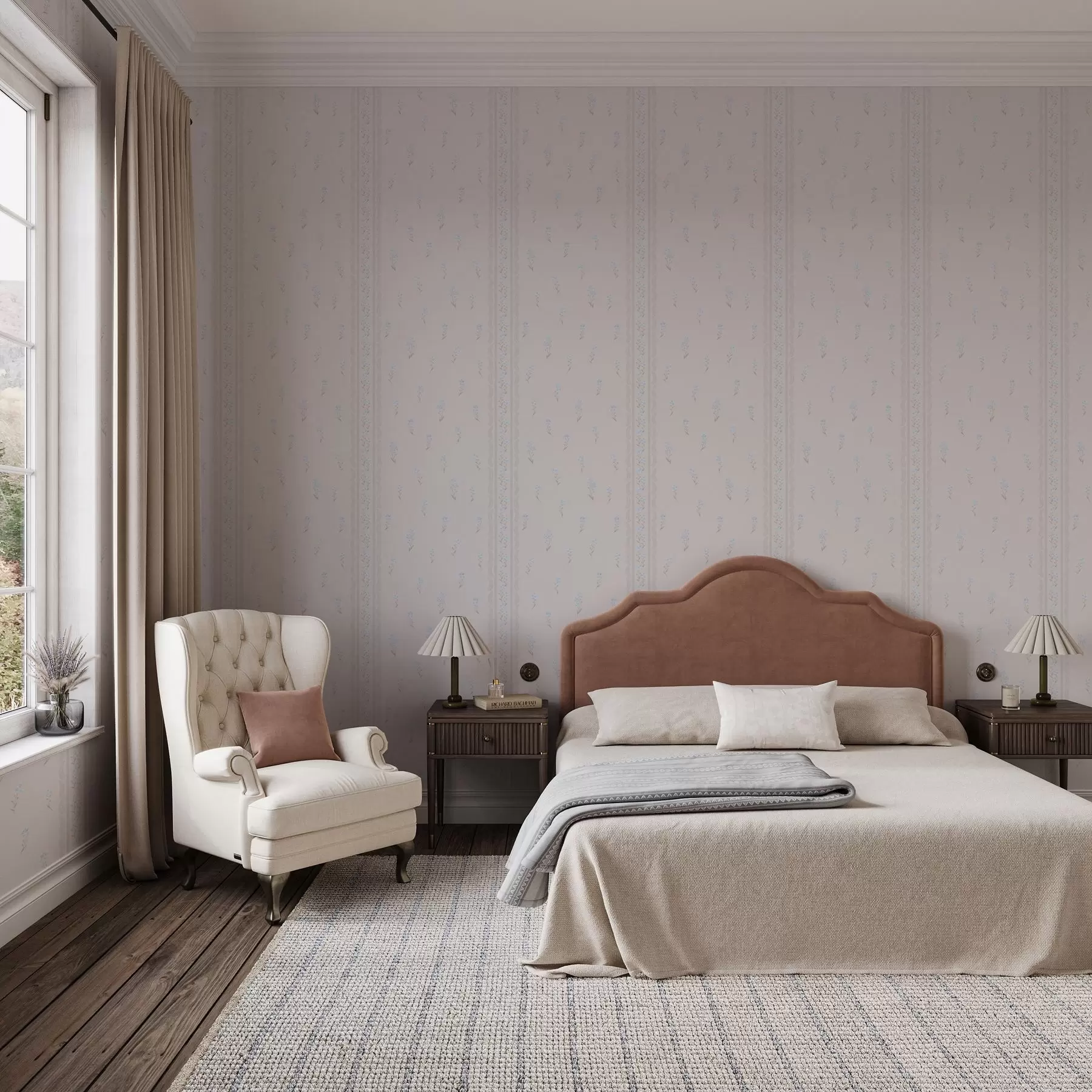 murales de pared Fondo rosa con delicadas flores azules y cenefa a00484