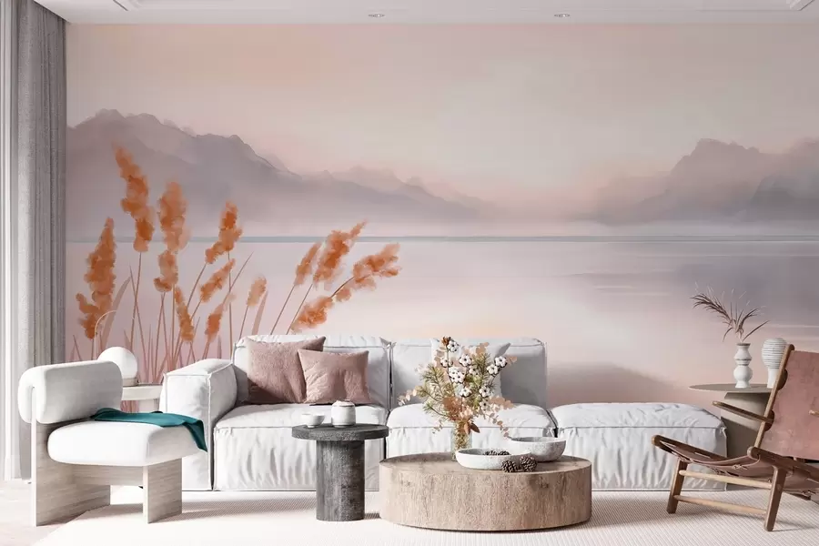 murales de pared un pintoresco lago con juncos y montañas w04315