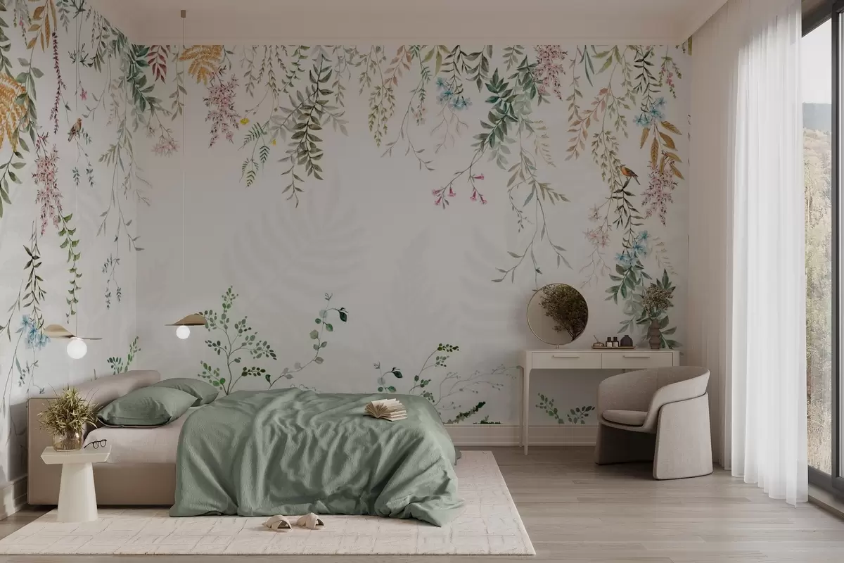 murales de pared Ilustración botánica con helechos, hierba y plantas colgantes, tonos pastel, sobre fondo blanco estilo acuarela texturizada w09364