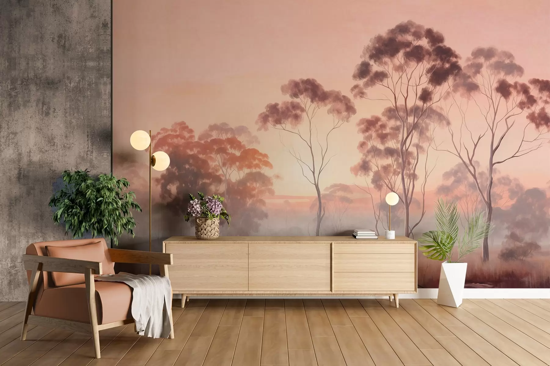 murales de pared Un paisaje con eucaliptos en un campo con cielo rosa pastel y naranja, una ligera niebla, pintura estilo texturizado w09367