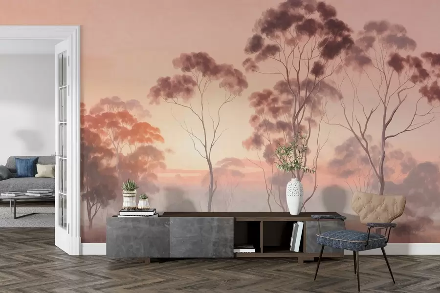 murales de pared Un paisaje con eucaliptos en un campo con cielo rosa pastel y naranja, una ligera niebla, pintura estilo texturizado w09367