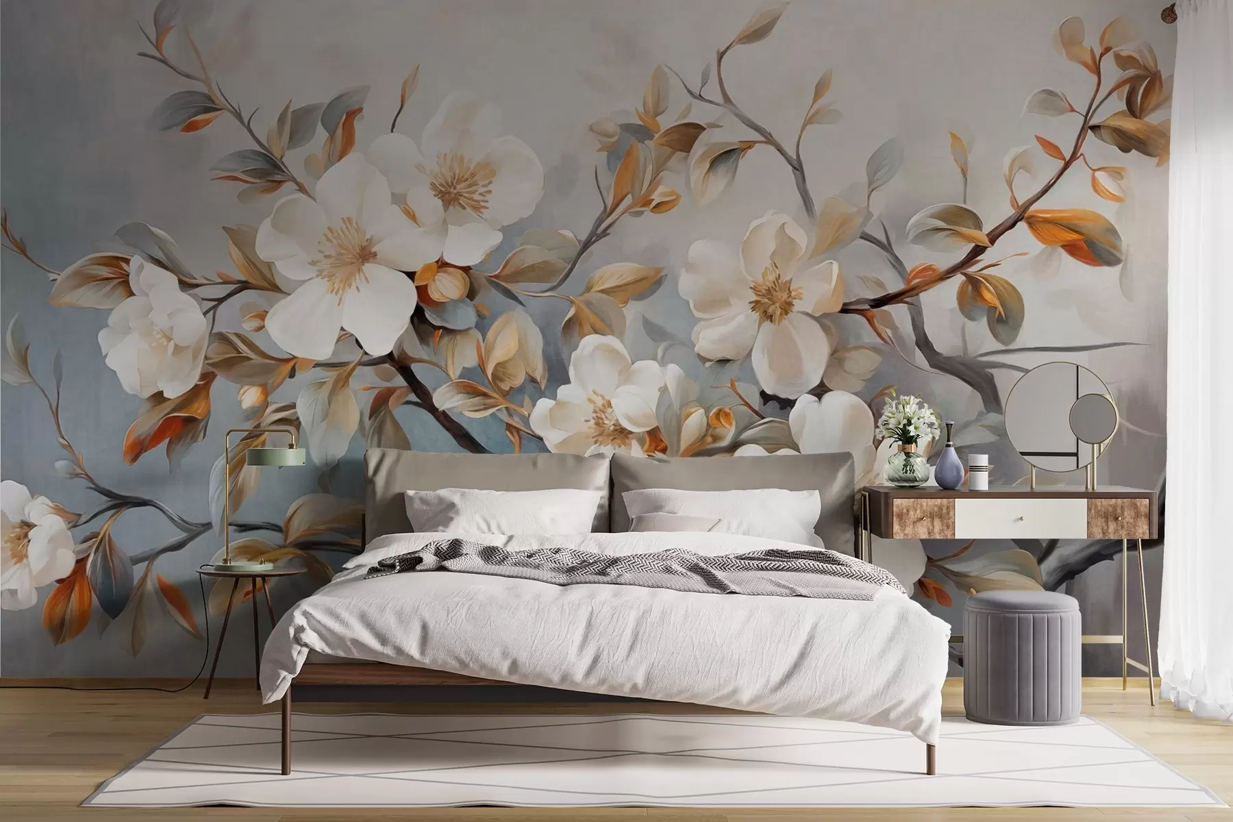 murales de pared Flores blancas con pistilos amarillos en una rama de árbol con hojas, fondo claro, estilo de pintura vintage, impresión texturizada w09368