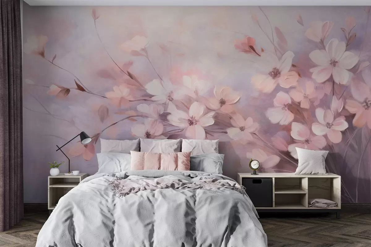 murales de pared Un arreglo floral con delicadas flores de bordes suaves y difuminados, sobre un fondo pastel de tonos lavanda y rosa claro w09369