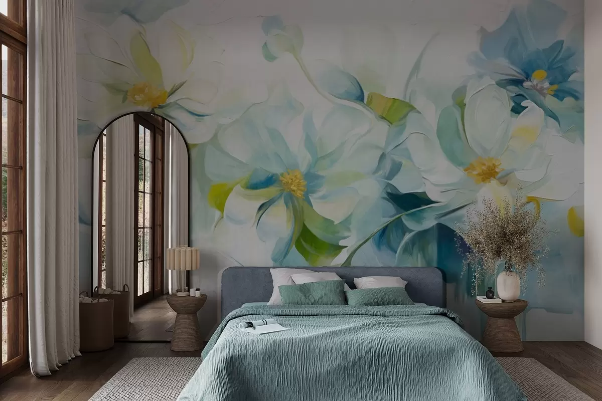 murales de pared Flores abstractas blancas y azules con pistilos amarillos y hojas verdes, en un fondo blanco, estilo de pintura texturizada w09372