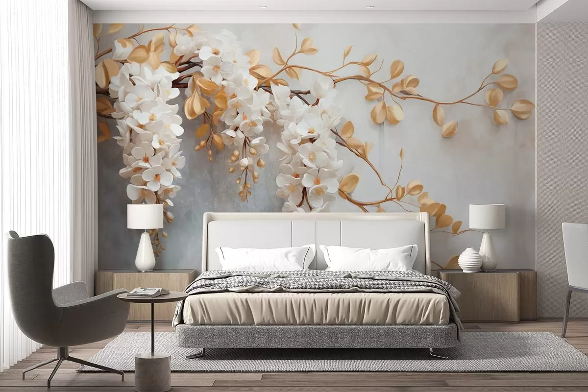 murales de pared Flores blancas de glicinia con hojas amarillas sobre una rama, cayendo en cascada sobre un fondo blanco texturado, pétalos delicados w09381