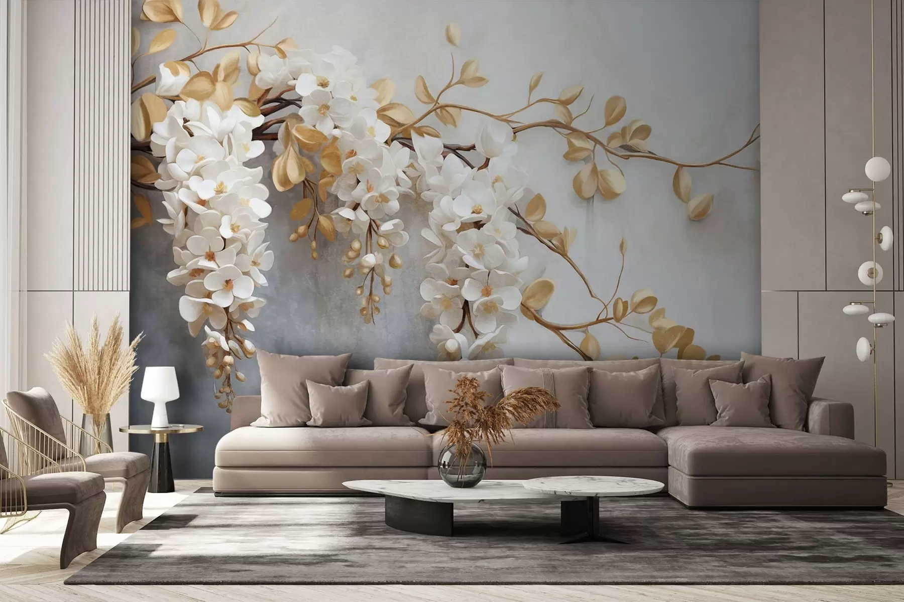 murales de pared Flores blancas de glicinia con hojas amarillas sobre una rama, cayendo en cascada sobre un fondo blanco texturado, pétalos delicados w09381