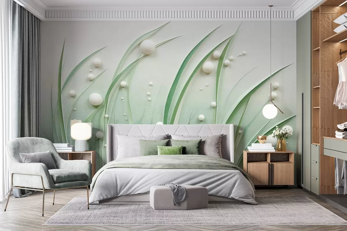 murales de pared Hierba verde abstracta con esferas blancas, fondo verde claro, texturizado, líneas limpias, estilo minimalista w09382