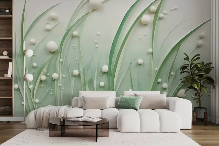 murales de pared Hierba verde abstracta con esferas blancas, fondo verde claro, texturizado, líneas limpias, estilo minimalista w09382