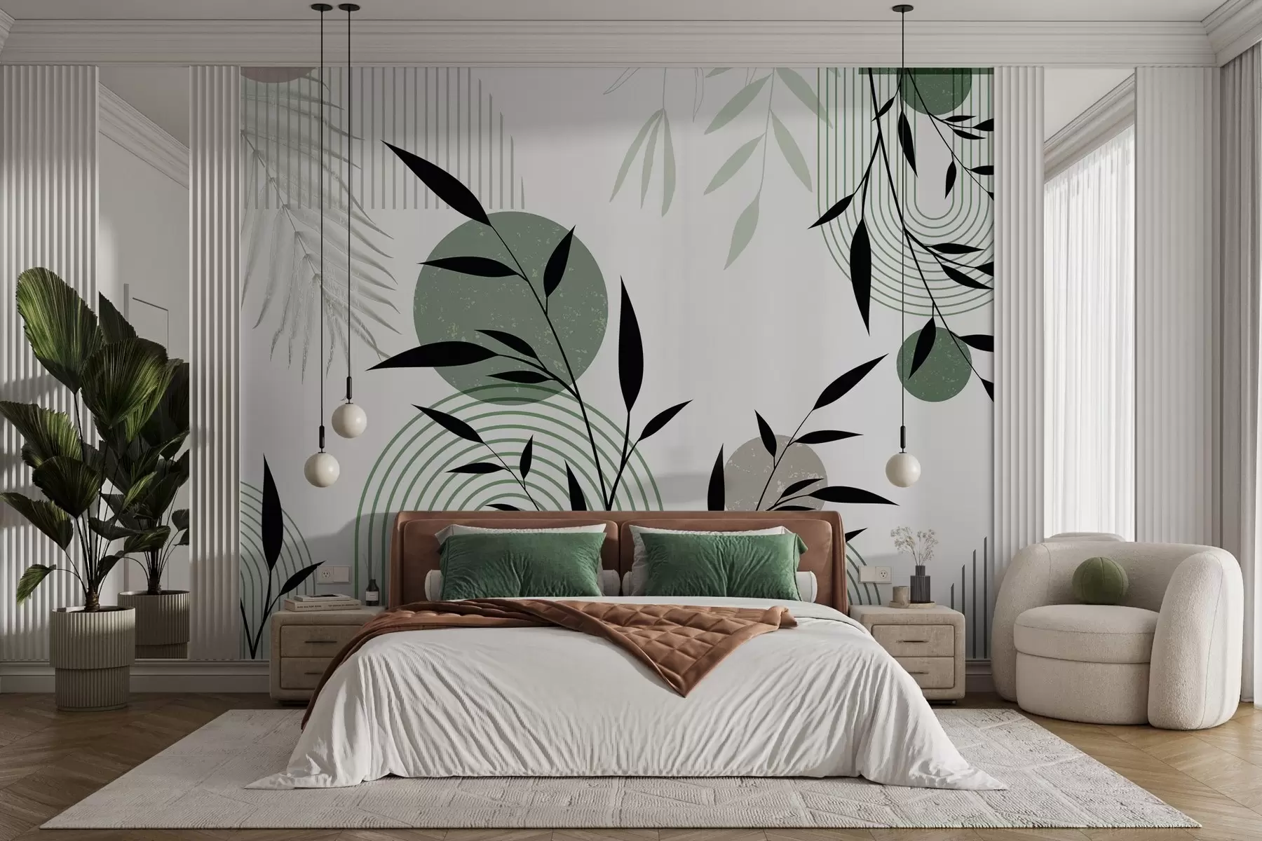 murales de pared Estampado abstracto texturizado con formas geométricas, círculos y arcos y plantas negras y verdes sobre fondo blanco w09384
