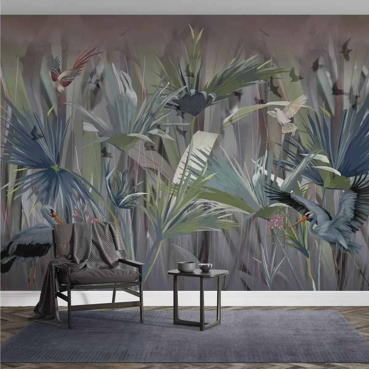 murales de pared Pájaros exóticos entre palmeras y flores w04458